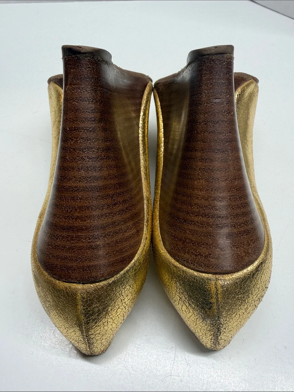 Tory Burch Sally Wedge Heels Pumps Metallic Leather Crackle Open Toe Gold 9